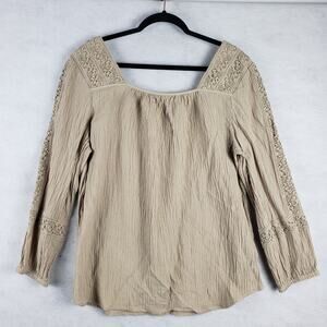 Soft Surroundings L Long Sleeve Peasant Blouse Tan Beige Lace‎ Trim Prairie